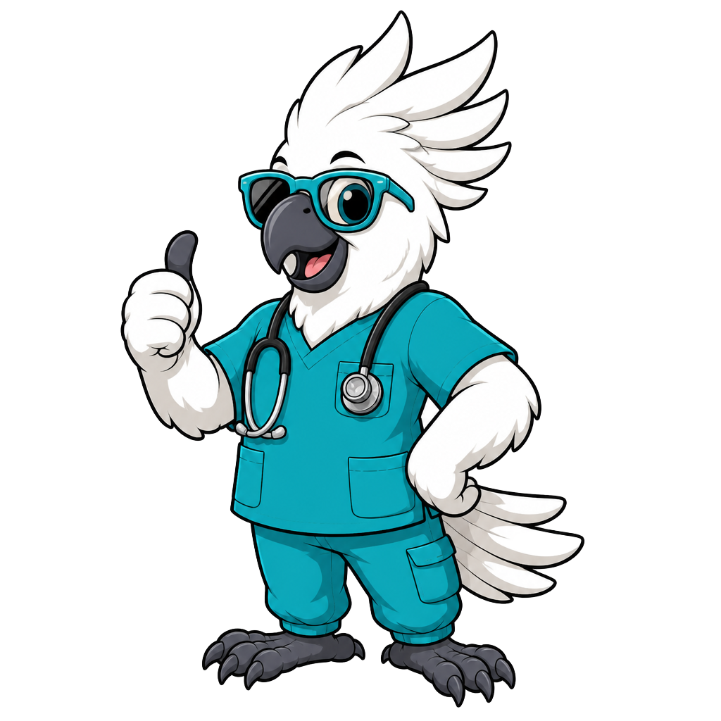 Scrubs.Health cockatoo mascot in teal scrubs